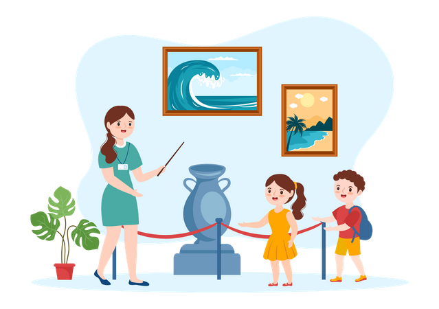 Tour guide showing paintings to kids Illustration