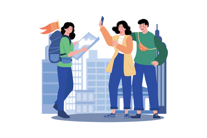 Tour guide showing visitors around a new city or country  Illustration