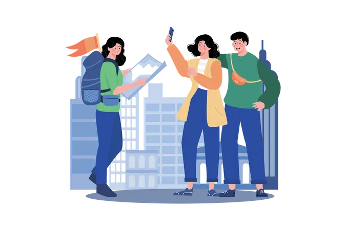Tour guide showing visitors around a new city or country  Illustration