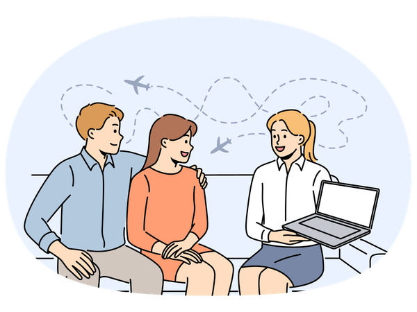 Tour operator showing offer on laptop to clients  Illustration