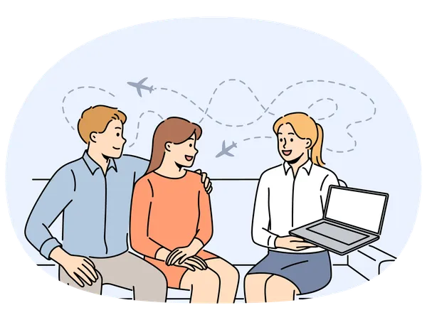 Tour operator showing offer on laptop to clients  Illustration