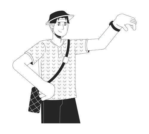 Tourist Asian Male Wristwatch Checking Black And White 2 D Line Cartoon Character Korean Guy Traveler Isolated Vector Outline Person Wristwatch Time Holiday Maker Monochromatic Flat Spot Illustration Illustration