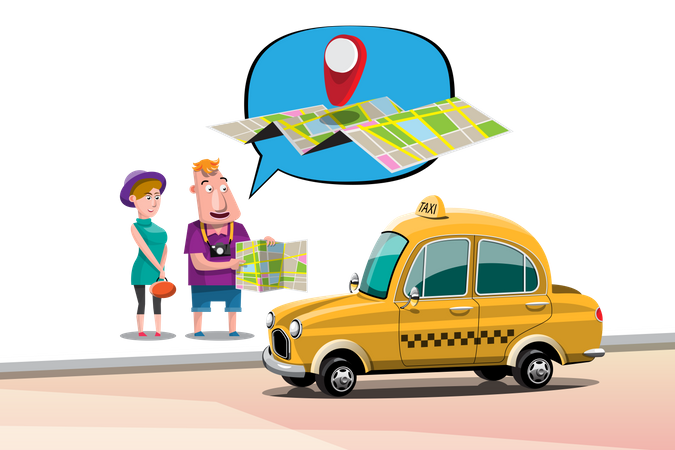Tourist Asking Taxi Driver For Direction on Map Illustration