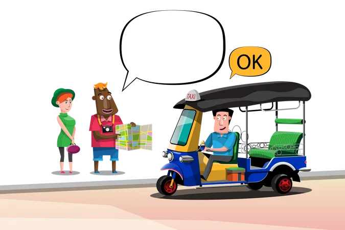 Tourist Asking Tuk Tuk Driver For Direction on Map  Illustration