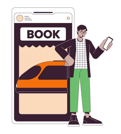 Tourist Buying Tickets On Train Flat Line Concept Vector Spot Illustration Online App Man Using Smartphone 2 D Cartoon Outline Character On White For Web UI Design Editable Isolated Color Hero Image Illustration