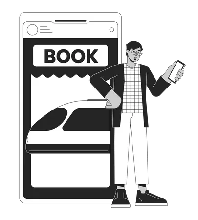 Tourist Buying Tickets On Train Bw Concept Vector Spot Illustration Online App Using Smartphone 2 D Cartoon Flat Line Monochromatic Character For Web UI Design Editable Isolated Outline Hero Image Illustration
