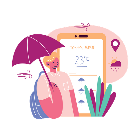 Tourist checking weather information of their travel destination  Illustration