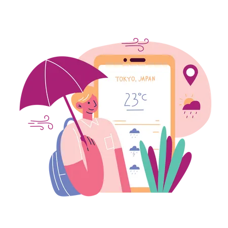 Tourist checking weather information of their travel destination  Illustration