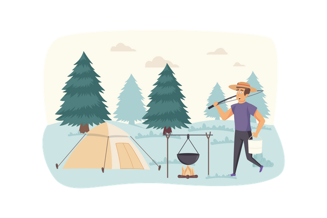 Tourist cooking food in campfire at summer camp Illustration