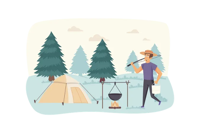 Tourist cooking food in campfire at summer camp Illustration