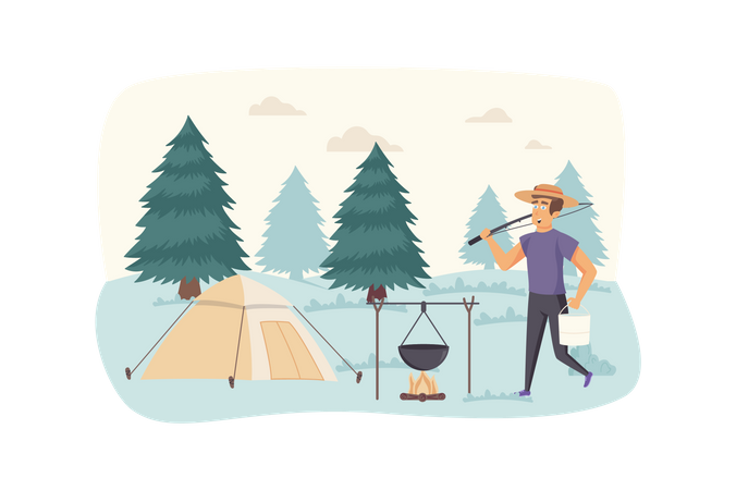 Tourist cooking food in campfire at summer camp  Illustration