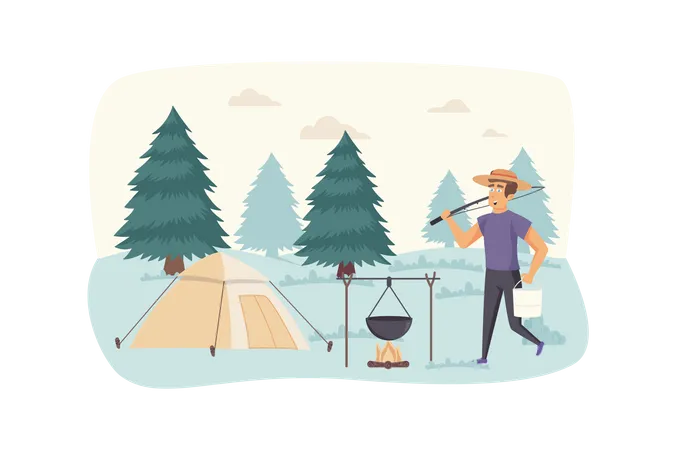 Tourist cooking food in campfire at summer camp  Illustration