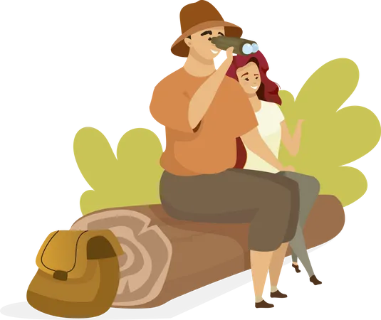 Tourist Couple Flat Color Vector Illustration People Sitting On Tree Log Male Backpacker Watching Through Binoculars Female Hiker Man And Woman Isolated Cartoon Character On White Background Illustration