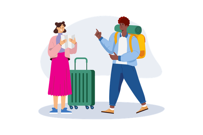 Tourist couple finding travel location  Illustration