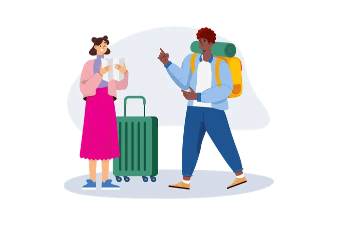 Tourist couple finding travel location  Illustration