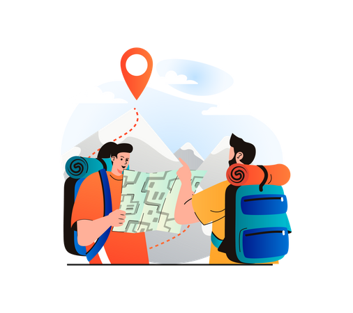 Tourist couple getting directions through map Illustration