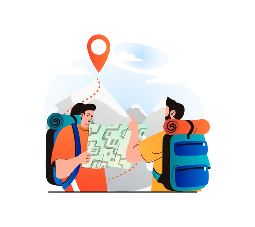 Tourist couple getting directions through map  Illustration