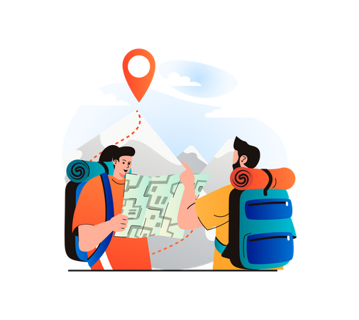 Tourist couple getting directions through map  Illustration