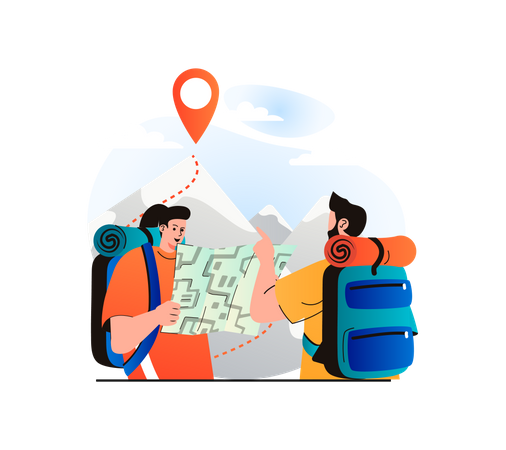 Tourist couple getting directions through map  Illustration