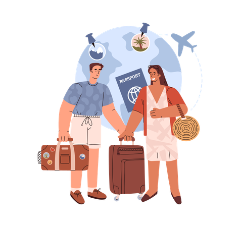 Tourist couple holding suitcase together  イラスト