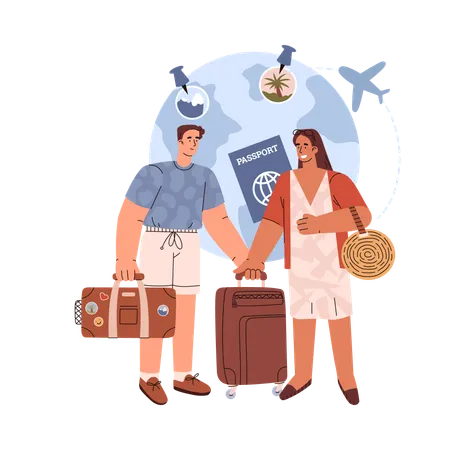 Happy Man And Woman Holding Suitcase Together Flat Style Vector Illustration Isolated Holiday Travel And Journey Globe Plane And Passport Tourism イラスト