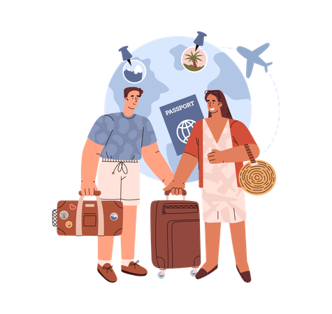 Tourist couple holding suitcase together  Illustration