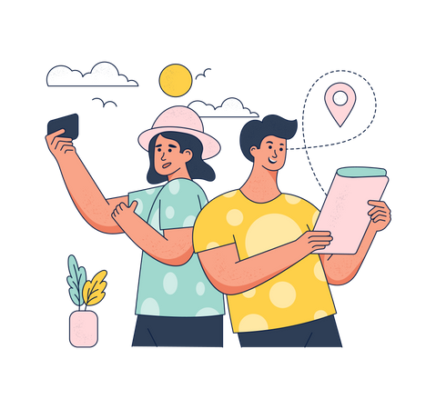 Tourist couple looking for next place to visit Illustration