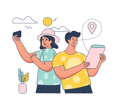 Tourist couple looking for next place to visit  Illustration