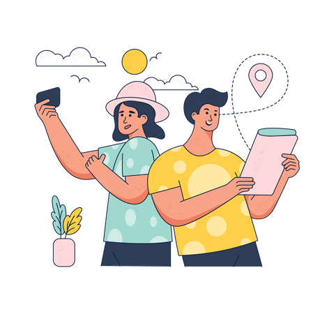 Tourist couple looking for next place to visit  Illustration