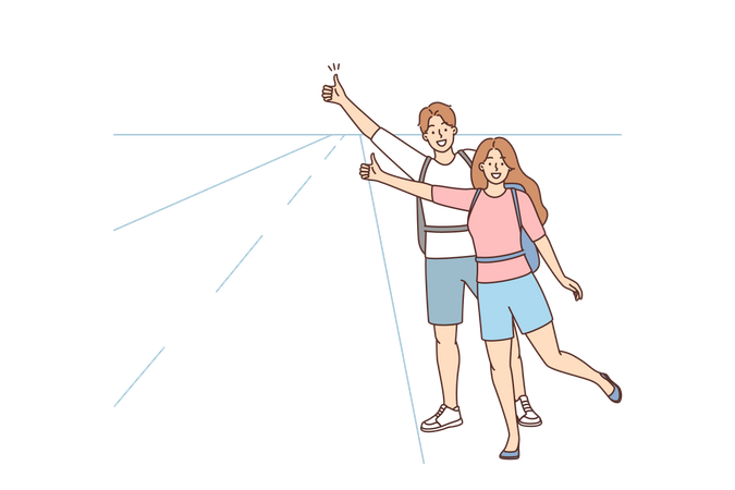 Tourist Couple showing thumbs up for lift  Illustration