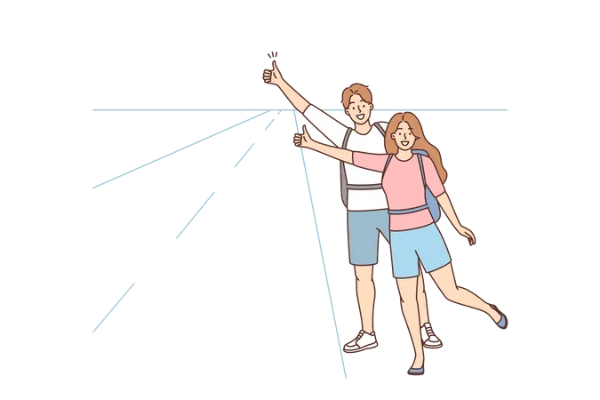 Tourist Couple showing thumbs up for lift  Illustration