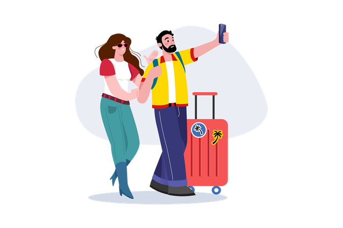 Tourist couple taking selfie  Illustration