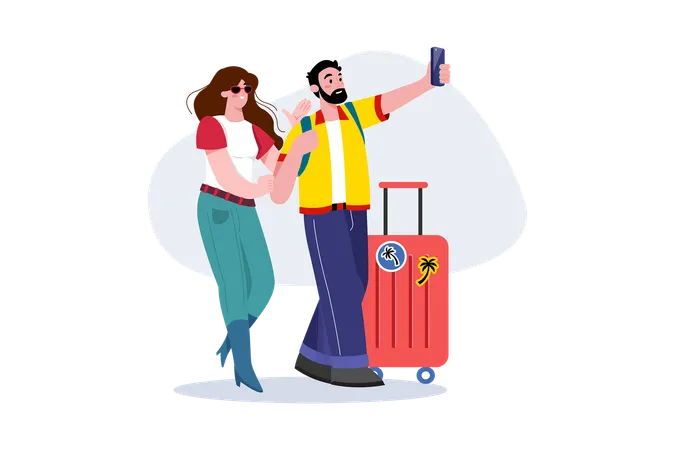 Tourist couple taking selfie  Illustration