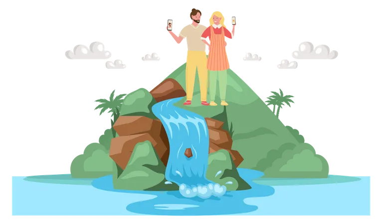 Tourist couple taking selfie on jeju island Illustration