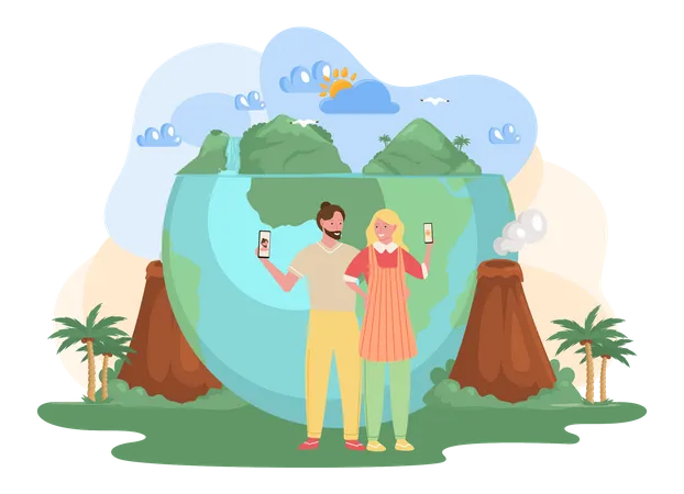 Tourist couple taking selfie on jeju island  Illustration