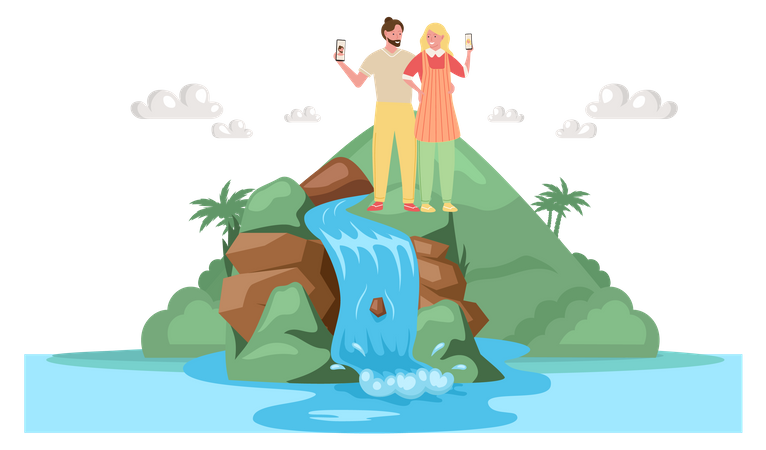 Tourist couple taking selfie on jeju island  Illustration