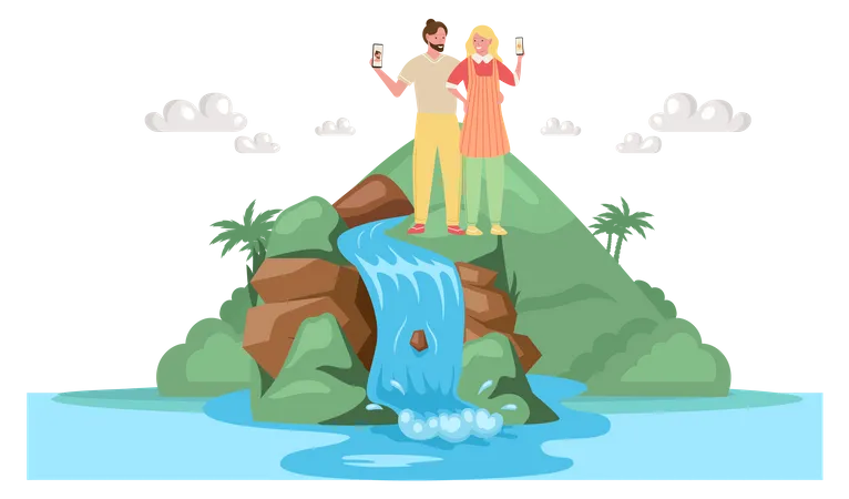 Tourist couple taking selfie on jeju island  Illustration