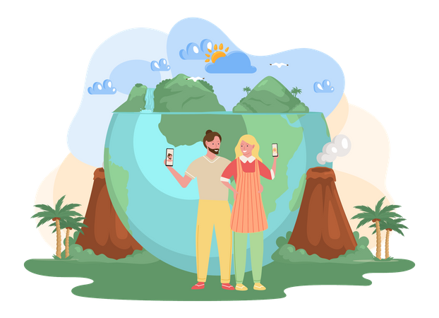 Tourist couple taking selfie on jeju island  Illustration