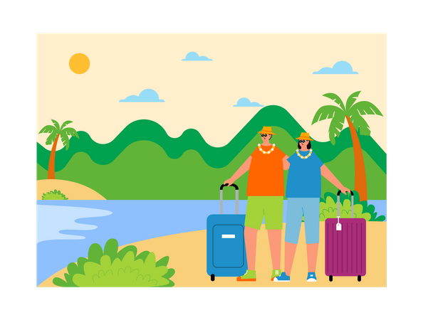 Tourist couple travelling to tropical island  Illustration