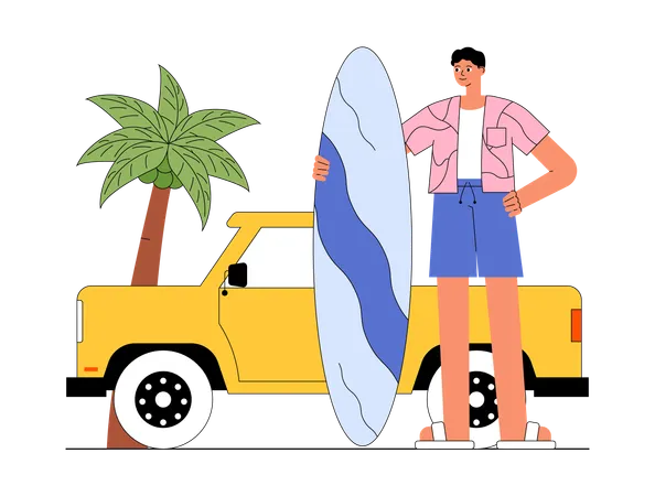 Tourist enjoying at beach while surfing  Illustration