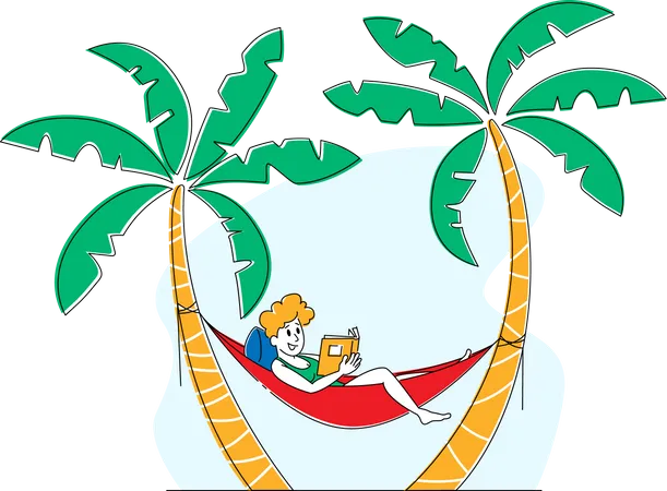 Tourist Female Relaxing on Exotic Resort Lying in Hammock Hanging at Palm Trees and Reading Book  Illustration