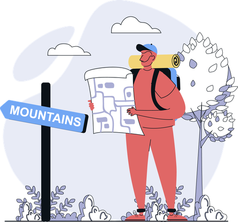 Tourist finds way out of forest  Illustration