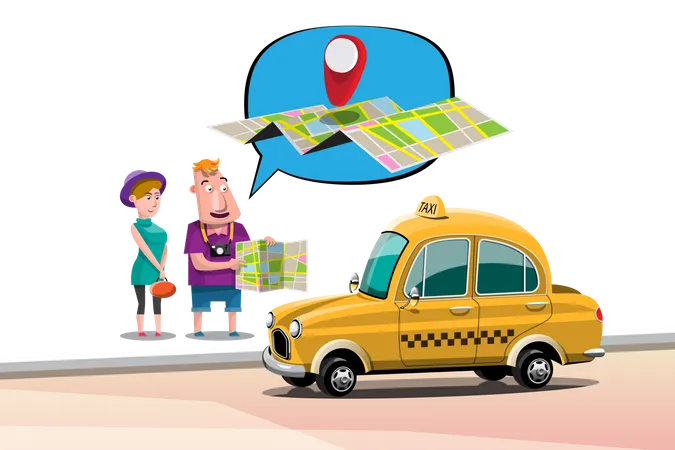 Tourist fragt Taxifahrer nach Richtung auf Karte  Illustration