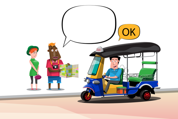 Tourist fragt Tuk Tuk-Fahrer nach Richtung auf Karte  Illustration