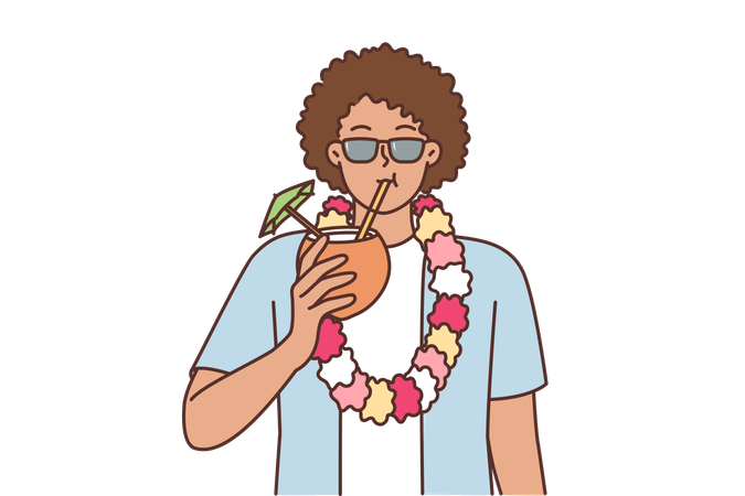 Tourist from island of Hawaii drinks coconut water  Illustration