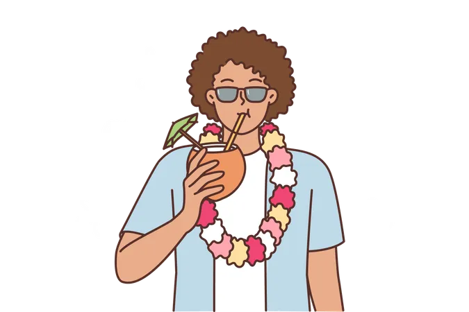 Ethnic Man Tourist From Island Of Hawaii Drinks Coconut Cocktail From Straw And Invites To Beach Party African American Guy In Sunglasses Calls For Summer Vacation Or Weekend In Hawaii Illustration