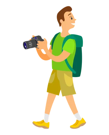 Person On Vacation Relaxing Vector Man Holding Expensive Professional Camera Smiling Tourist With Backpack Sightseeing And Tourist Attractions Illustration
