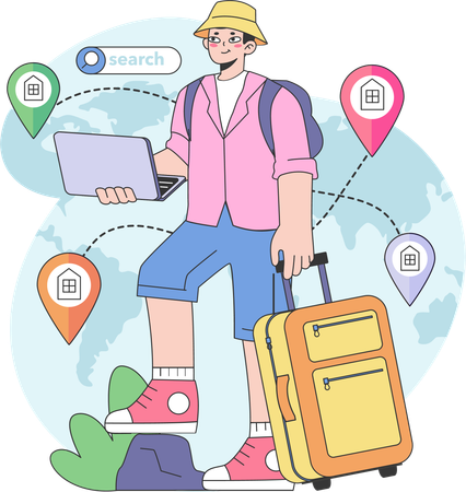 Tourist holding laptop while finding home location  Illustration
