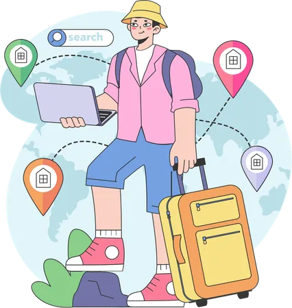 Tourist holding laptop while finding home location  Illustration