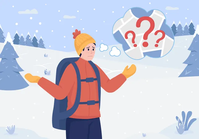 Lost In Forest Flat Color Vector Illustration Survivor With Backpack Panic And Thinking Of Map Camper Question Location Confused Man 2 D Cartoon Character With Winter Hills With Trees On Background Illustration